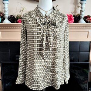 RACHEL Rachel Roy Satin Blouse Top XL Black Gold Cream Luxury Chain Tie Button